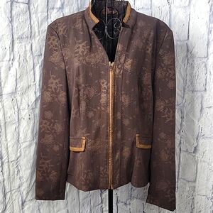 MULTIPLES Women's Gold and Brown Floral Zip Up Jacket Large